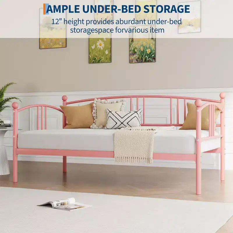 Lit banquette double avec sommier à lattes en acier, rangement sous le lit et tête de lit cintrée, cadre en métal rose, pour chambre/salon, lit d'appoint