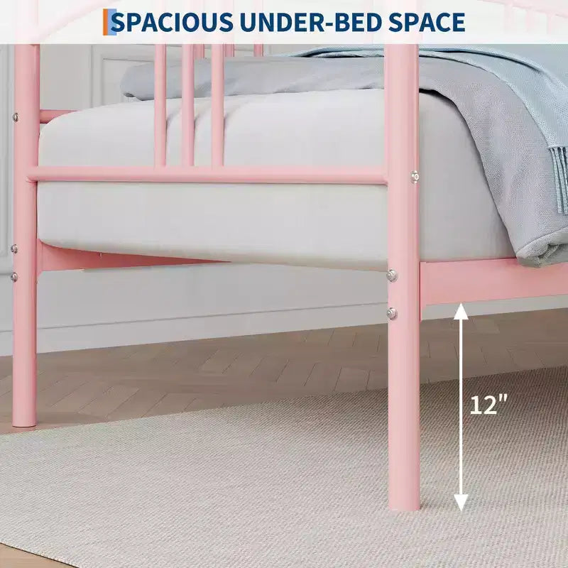 Lit banquette double avec sommier à lattes en acier, rangement sous le lit et tête de lit cintrée, cadre en métal rose, pour chambre/salon, lit d'appoint