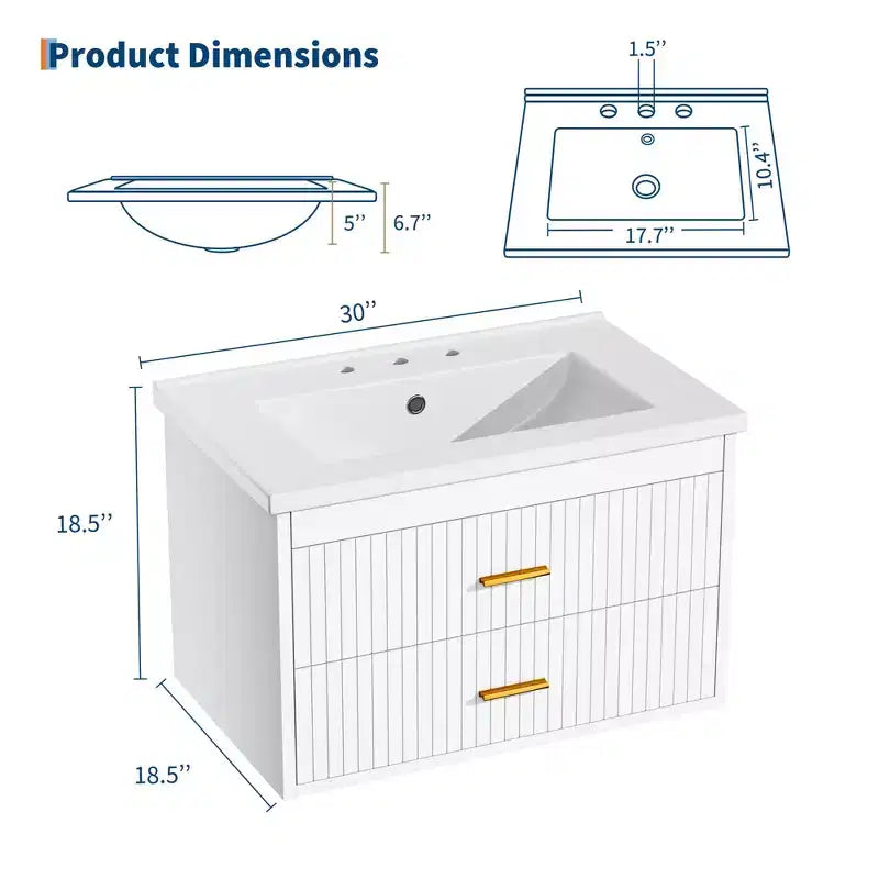Meuble-lavabo suspendu - Meuble de salle de bain mural moderne avec vasque en céramique, 2 grands tiroirs, étanche et facile à nettoyer