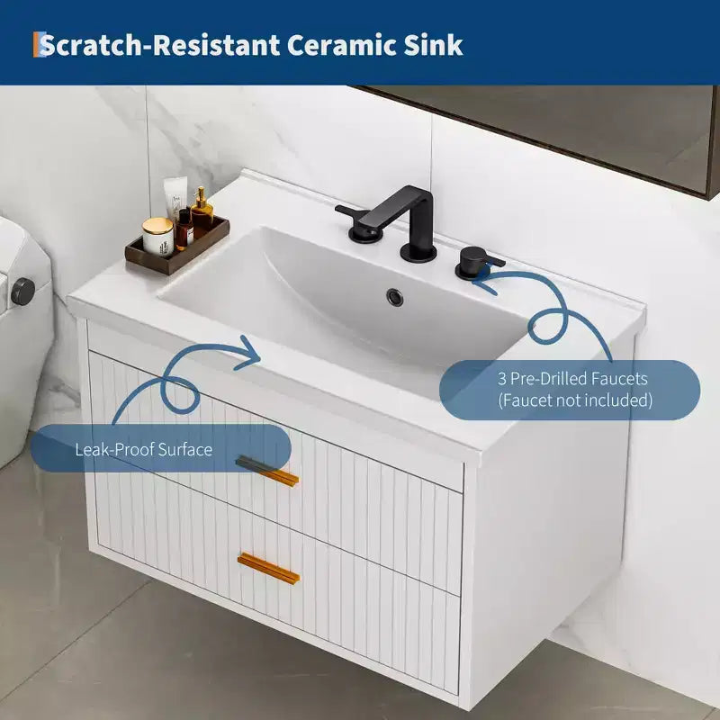 Meuble-lavabo suspendu - Meuble de salle de bain mural moderne avec vasque en céramique, 2 grands tiroirs, étanche et facile à nettoyer