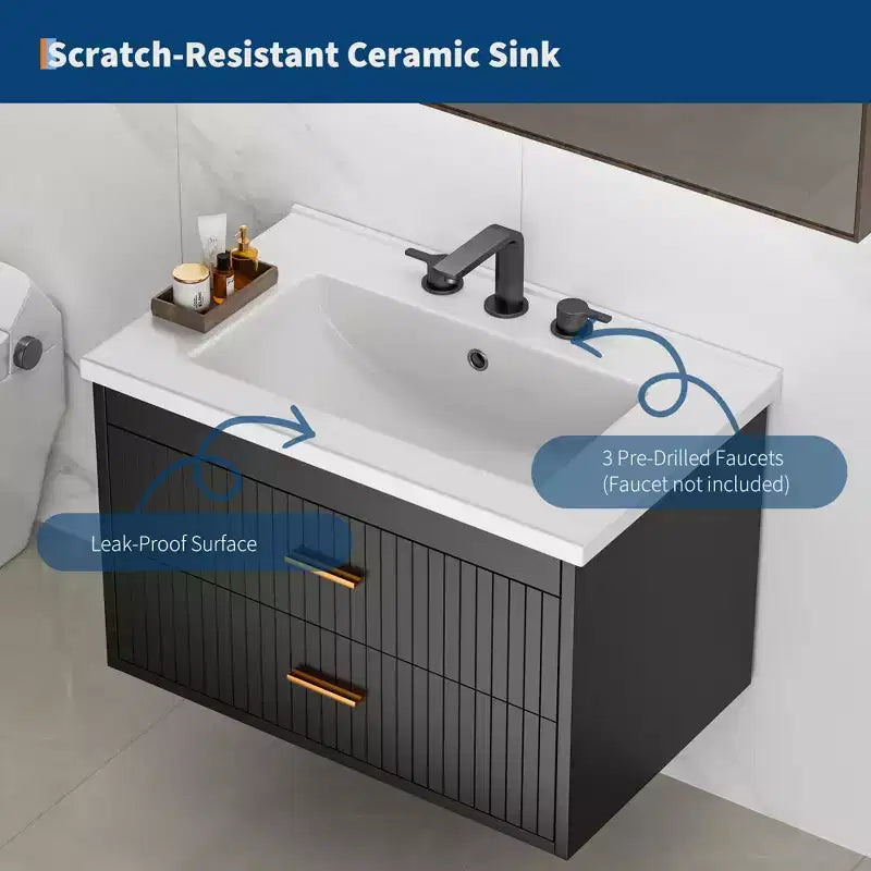 Meuble-lavabo suspendu - Meuble de salle de bain mural moderne avec vasque en céramique, 2 grands tiroirs, étanche et facile à nettoyer