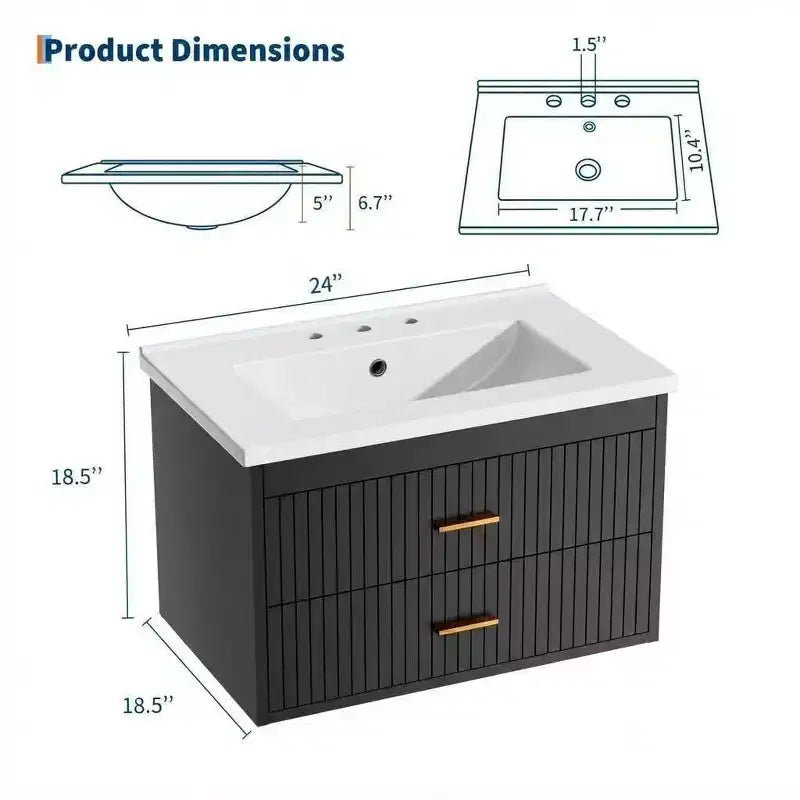 Meuble-lavabo suspendu - Meuble de salle de bain mural moderne avec vasque en céramique, 2 grands tiroirs, étanche et facile à nettoyer