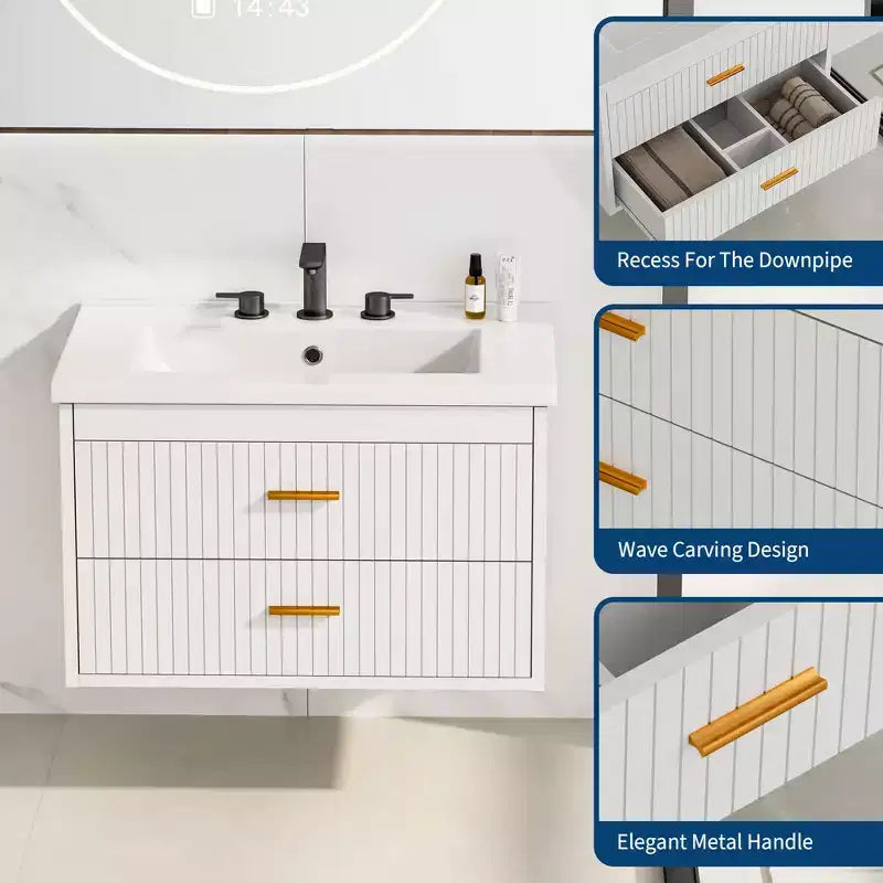 Meuble-lavabo suspendu - Meuble de salle de bain mural moderne avec vasque en céramique, 2 grands tiroirs, étanche et facile à nettoyer