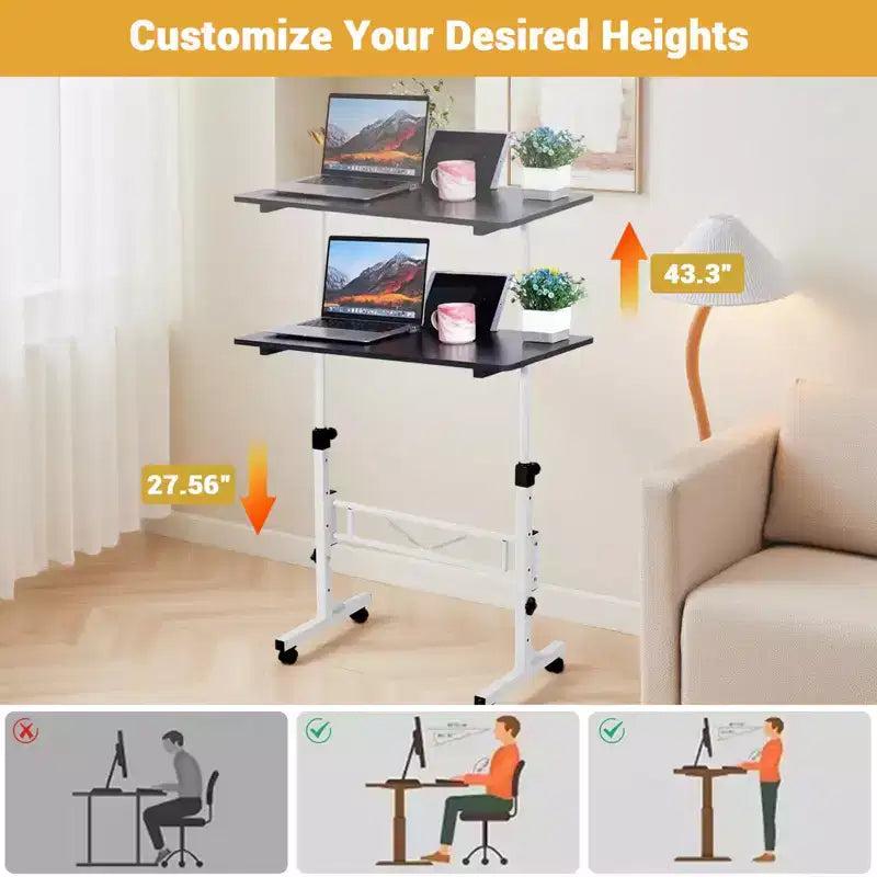 Bureau debout mobile - Hauteur réglable, table pour ordinateur portable à roulettes, poste de travail portable, bureau à domicile pour salle de formation (à placer au-dessus du lit)