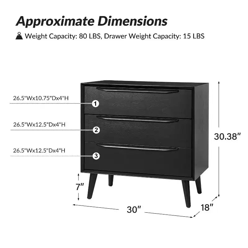 Commode d'appoint à 3 tiroirs, noire