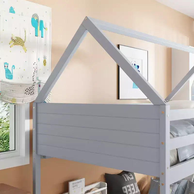 Lit superposé maison jumeau sur jumeau, lit superposé bas en bois avec cadre de toit, garde-corps et échelle, cadre de lit pour enfants en bois d'hévéa