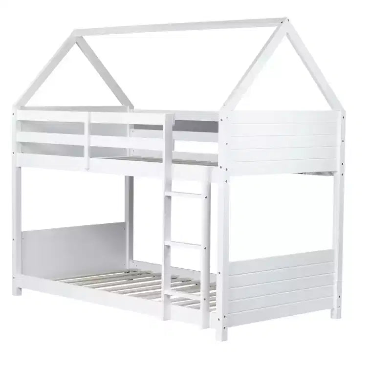Lit superposé maison jumeau sur jumeau, lit superposé bas en bois avec cadre de toit, garde-corps et échelle, cadre de lit pour enfants en bois d'hévéa