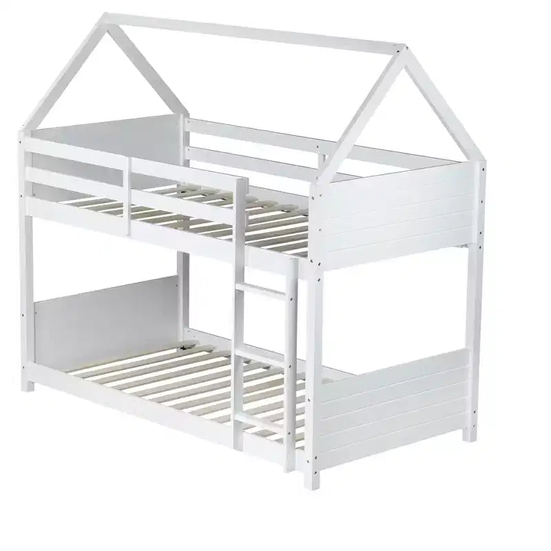 Lit superposé maison jumeau sur jumeau, lit superposé bas en bois avec cadre de toit, garde-corps et échelle, cadre de lit pour enfants en bois d'hévéa