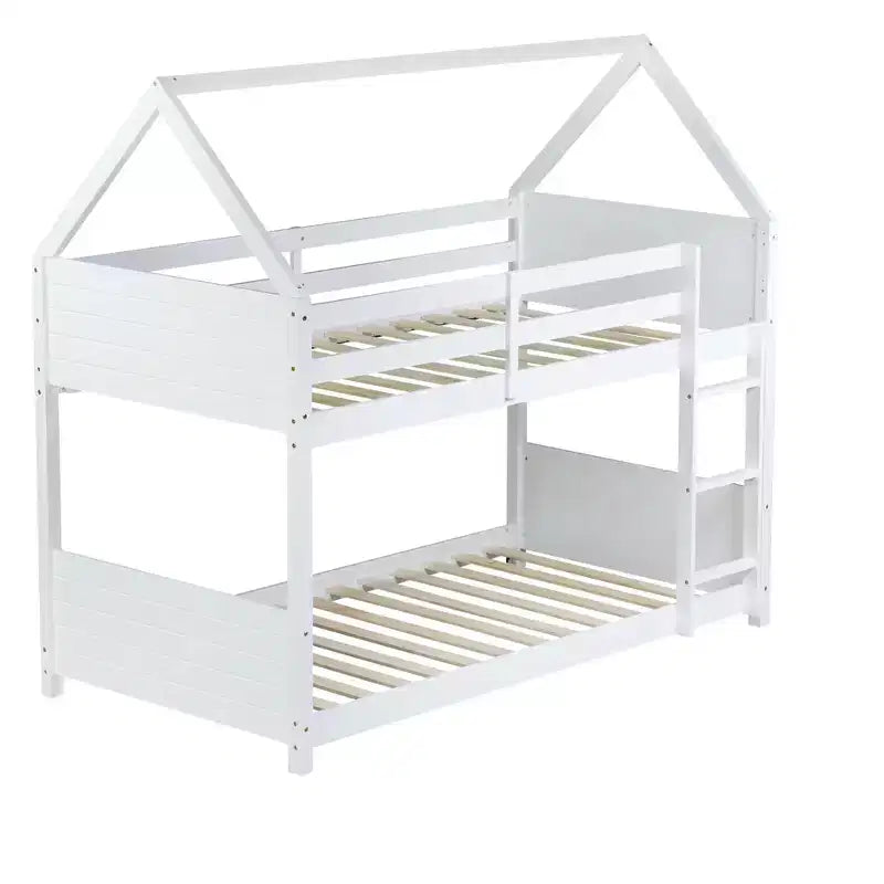 Lit superposé maison jumeau sur jumeau, lit superposé bas en bois avec cadre de toit, garde-corps et échelle, cadre de lit pour enfants en bois d'hévéa