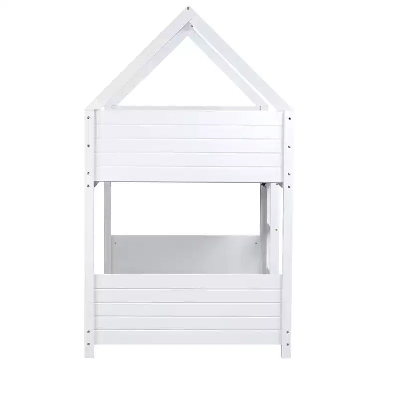 Lit superposé maison jumeau sur jumeau, lit superposé bas en bois avec cadre de toit, garde-corps et échelle, cadre de lit pour enfants en bois d'hévéa