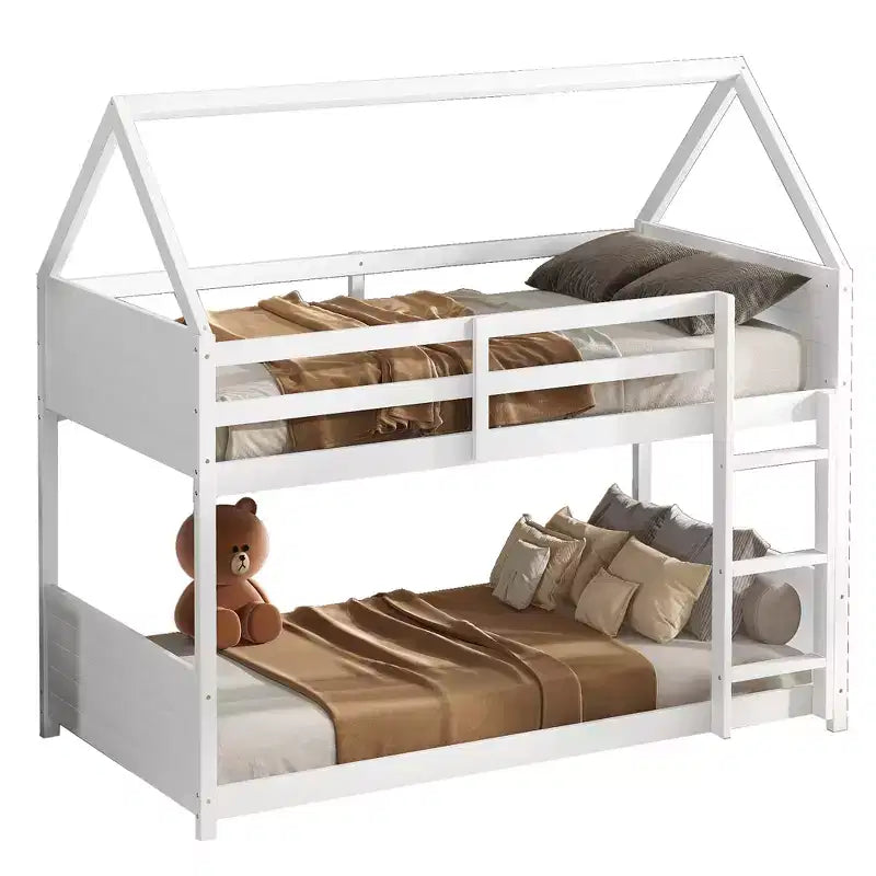 Lit superposé maison jumeau sur jumeau, lit superposé bas en bois avec cadre de toit, garde-corps et échelle, cadre de lit pour enfants en bois d'hévéa