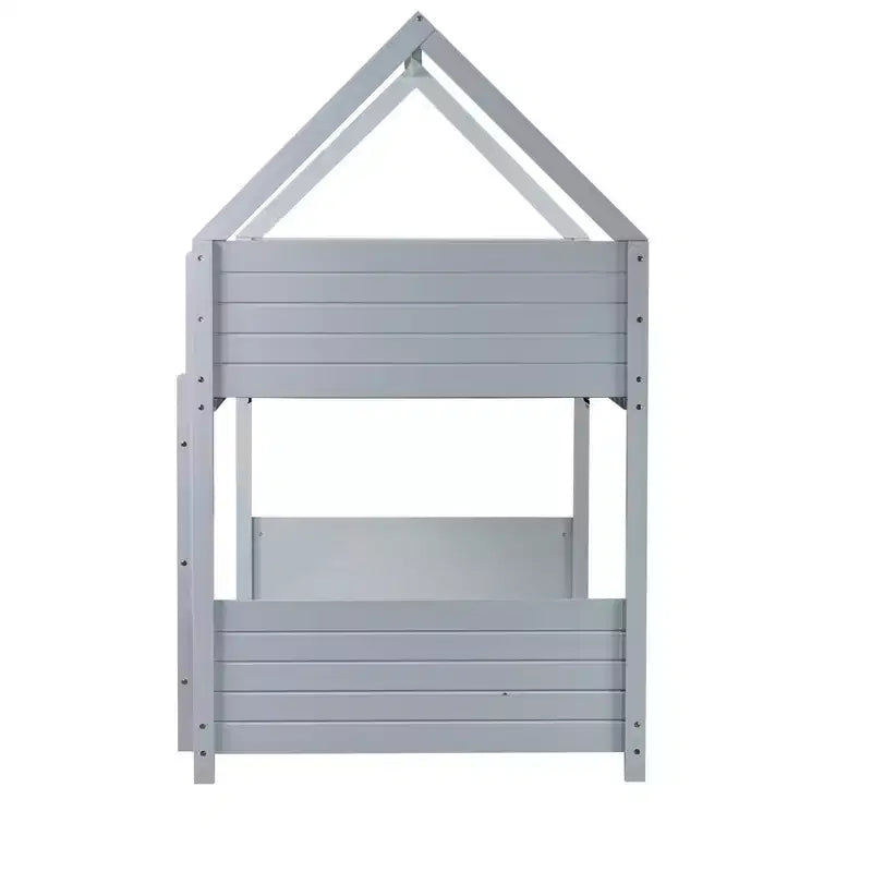 Lit superposé maison jumeau sur jumeau, lit superposé bas en bois avec cadre de toit, garde-corps et échelle, cadre de lit pour enfants en bois d'hévéa