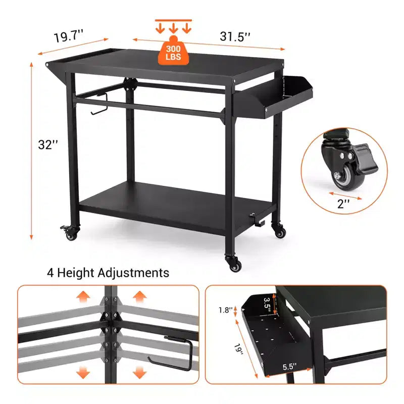 Desserte de barbecue d'extérieur à roulettes à 3 niveaux et table de préparation pour barbecue avec roues, support de four à pizza avec étagères en filet et crochets à ustensiles pour terrasse, camping et fêtes