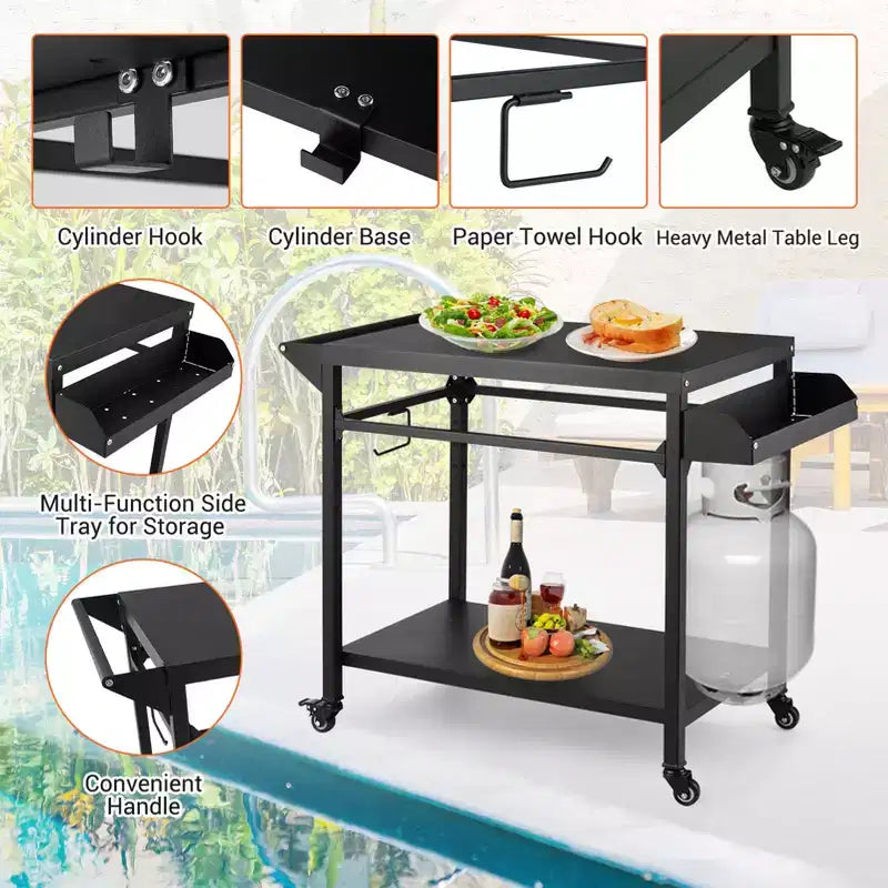 Desserte de barbecue d'extérieur à roulettes à 3 niveaux et table de préparation pour barbecue avec roues, support de four à pizza avec étagères en filet et crochets à ustensiles pour terrasse, camping et fêtes
