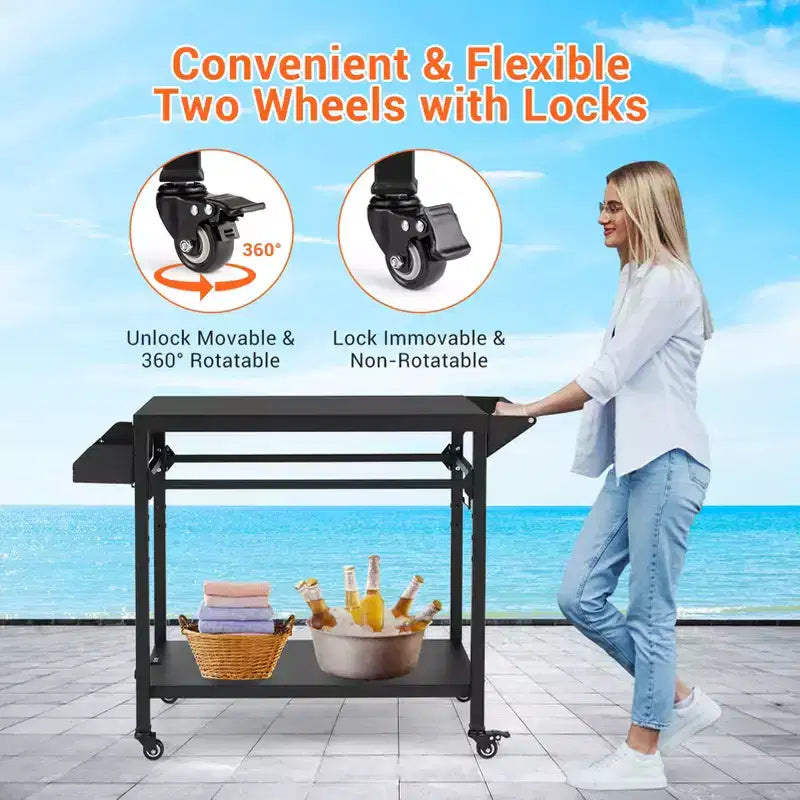 Desserte de barbecue d'extérieur à roulettes à 3 niveaux et table de préparation pour barbecue avec roues, support de four à pizza avec étagères en filet et crochets à ustensiles pour terrasse, camping et fêtes