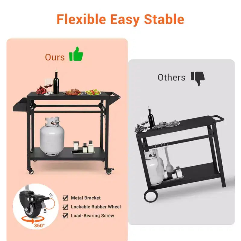 Desserte de barbecue d'extérieur à roulettes à 3 niveaux et table de préparation pour barbecue avec roues, support de four à pizza avec étagères en filet et crochets à ustensiles pour terrasse, camping et fêtes