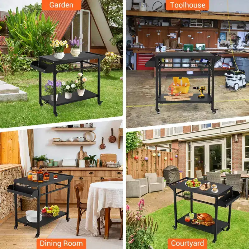 Desserte de barbecue d'extérieur à roulettes à 3 niveaux et table de préparation pour barbecue avec roues, support de four à pizza avec étagères en filet et crochets à ustensiles pour terrasse, camping et fêtes