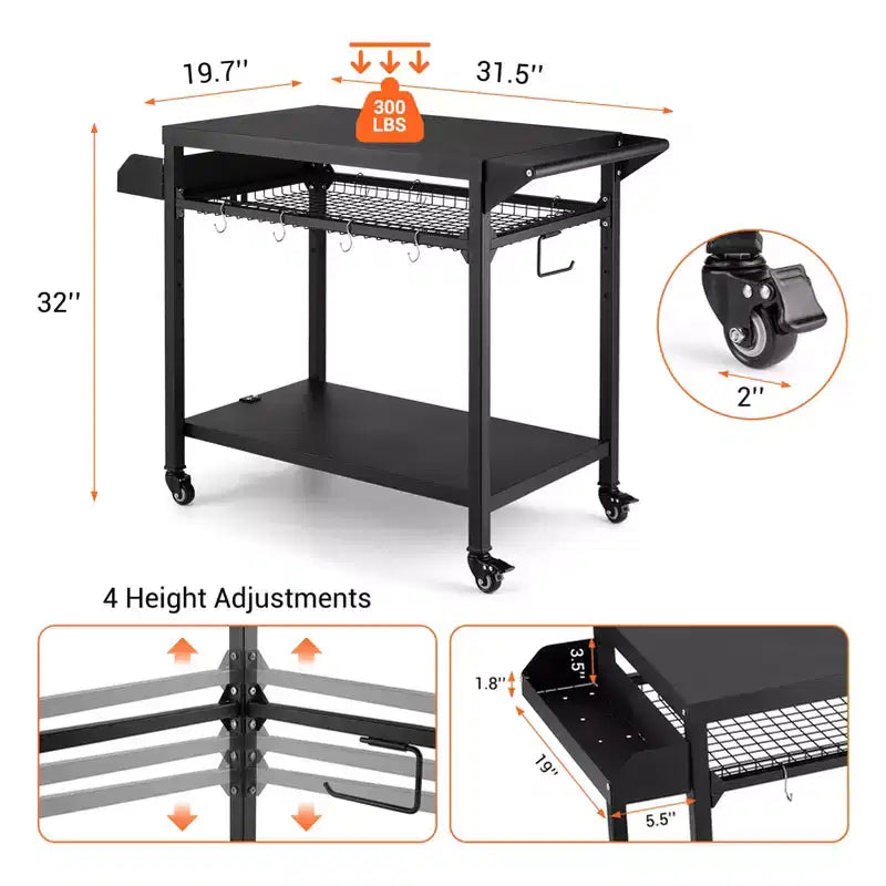 Desserte de barbecue d'extérieur à roulettes à 3 niveaux et table de préparation pour barbecue avec roues, support de four à pizza avec étagères en filet et crochets à ustensiles pour terrasse, camping et fêtes