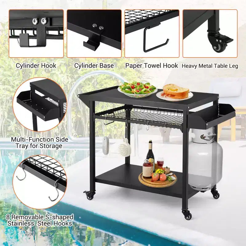 Desserte de barbecue d'extérieur à roulettes à 3 niveaux et table de préparation pour barbecue avec roues, support de four à pizza avec étagères en filet et crochets à ustensiles pour terrasse, camping et fêtes