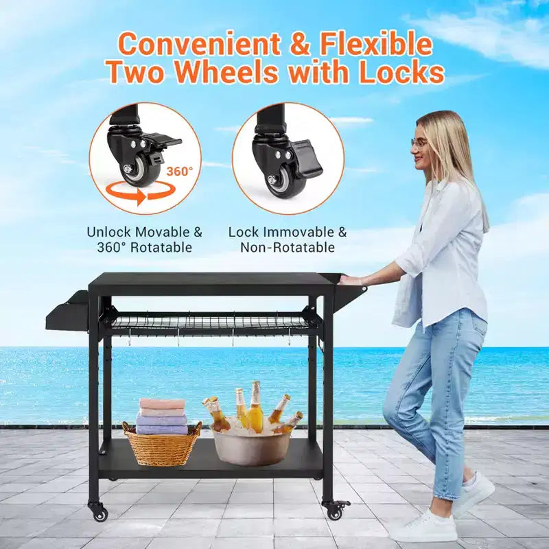 Desserte de barbecue d'extérieur à roulettes à 3 niveaux et table de préparation pour barbecue avec roues, support de four à pizza avec étagères en filet et crochets à ustensiles pour terrasse, camping et fêtes