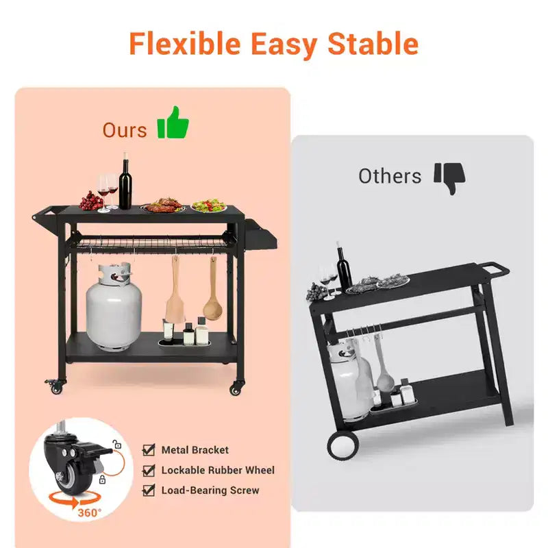 Desserte de barbecue d'extérieur à roulettes à 3 niveaux et table de préparation pour barbecue avec roues, support de four à pizza avec étagères en filet et crochets à ustensiles pour terrasse, camping et fêtes