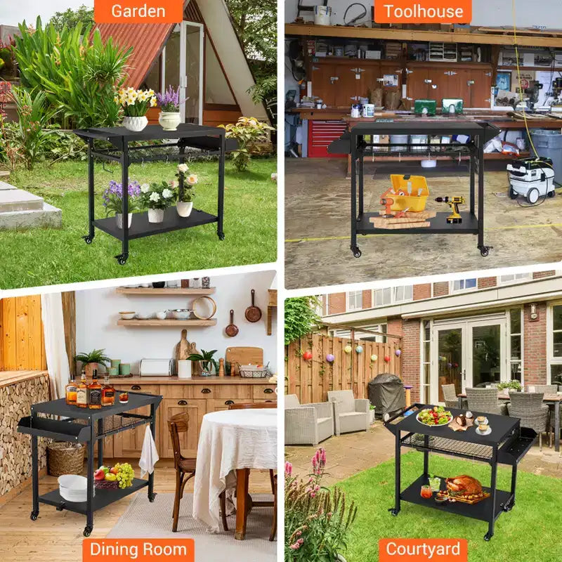 Desserte de barbecue d'extérieur à roulettes à 3 niveaux et table de préparation pour barbecue avec roues, support de four à pizza avec étagères en filet et crochets à ustensiles pour terrasse, camping et fêtes