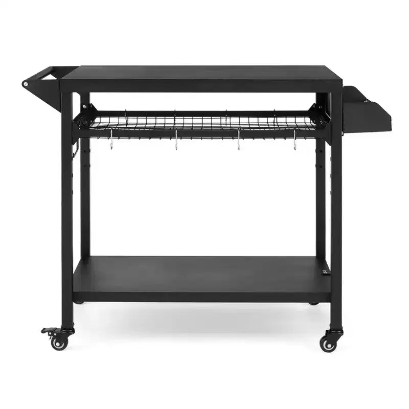 Desserte de barbecue d'extérieur à roulettes à 3 niveaux et table de préparation pour barbecue avec roues, support de four à pizza avec étagères en filet et crochets à ustensiles pour terrasse, camping et fêtes