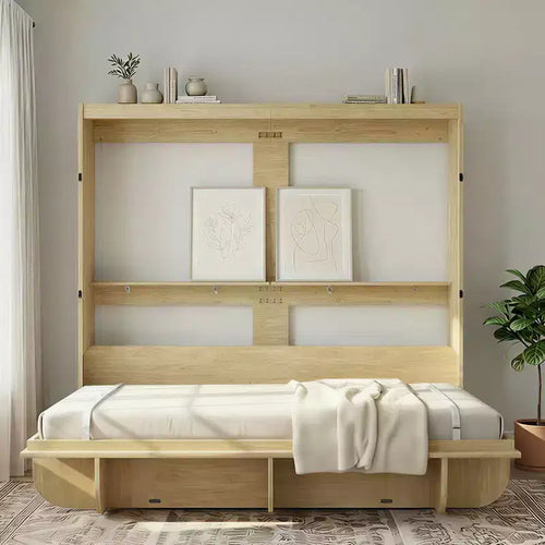 2-in-1 Invisible Murphy Bed with Shelf Storage, Queen Size, Natural Wood (Mattress Not Included)