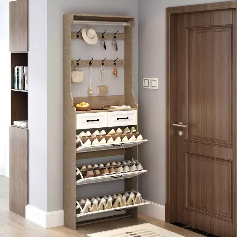 Meuble à chaussures avec 3 portes, 2 tiroirs et porte-manteau