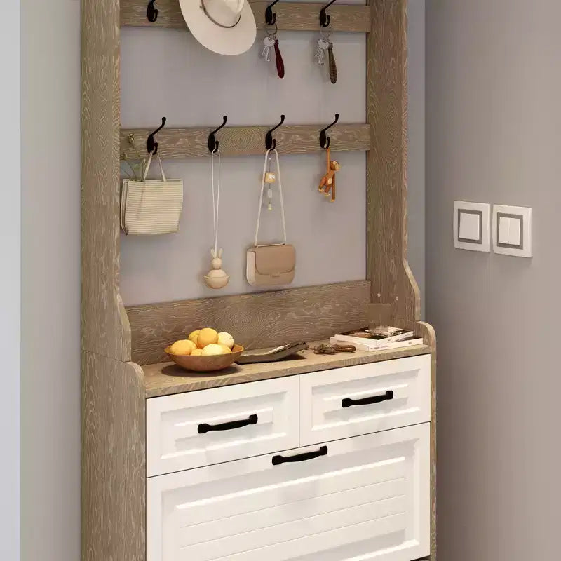 Meuble à chaussures avec 3 portes, 2 tiroirs et porte-manteau
