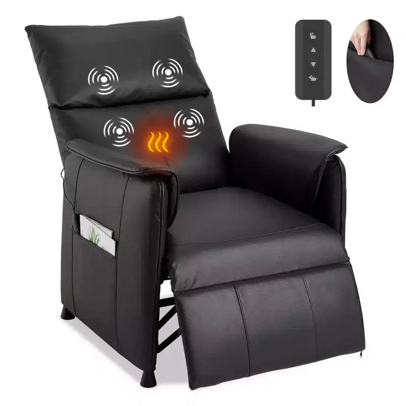 Fauteuil inclinable de massage avec chauffage, fauteuil de relaxation en cuir PU avec points de massage par vibration, canapé individuel moderne pour salon, chambre, noir