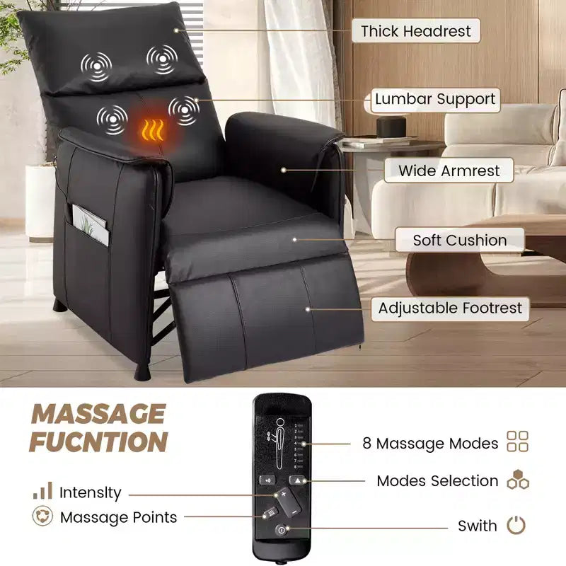 Fauteuil inclinable de massage avec chauffage, fauteuil de relaxation en cuir PU avec points de massage par vibration, canapé individuel moderne pour salon, chambre, noir