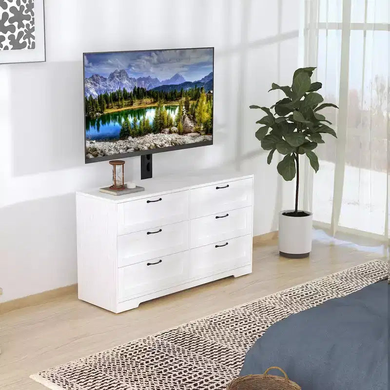 Meuble TV avec support et 6 tiroirs. Meuble TV pour téléviseurs de 32 à 80 pouces. Console multimédia réglable en hauteur pour chambre et salon.