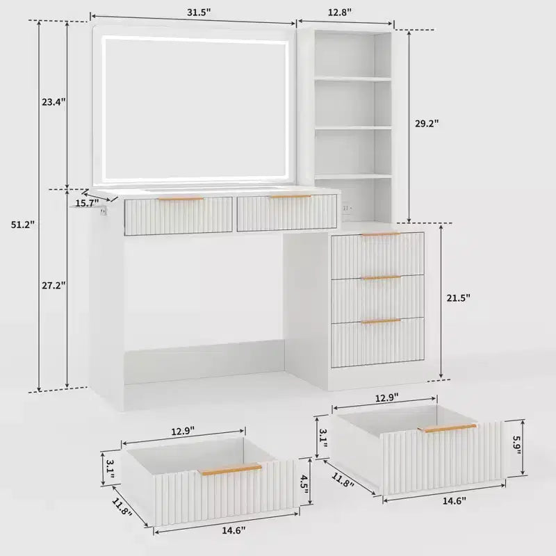 Coiffeuse avec miroir, 5 tiroirs, plateau en verre, support pour sèche-cheveux, texture ondulée, pour chambre à coucher