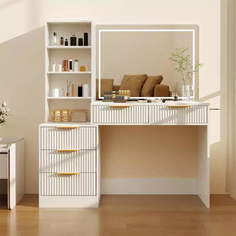 Coiffeuse avec miroir, 5 tiroirs, plateau en verre, support pour sèche-cheveux, texture ondulée, pour chambre à coucher