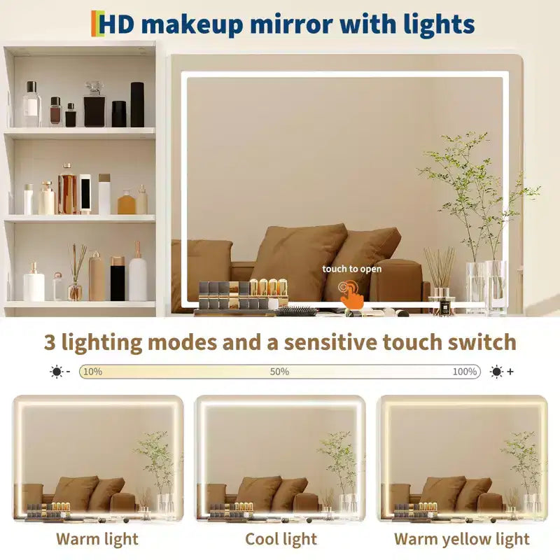Coiffeuse avec miroir, 5 tiroirs, plateau en verre, support pour sèche-cheveux, texture ondulée, pour chambre à coucher