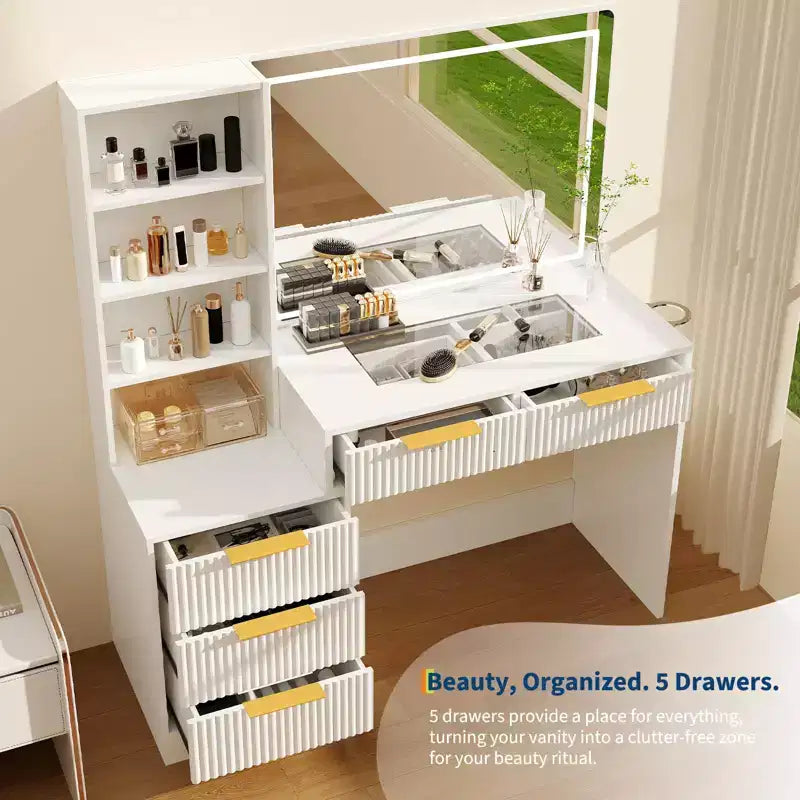 Coiffeuse avec miroir, 5 tiroirs, plateau en verre, support pour sèche-cheveux, texture ondulée, pour chambre à coucher