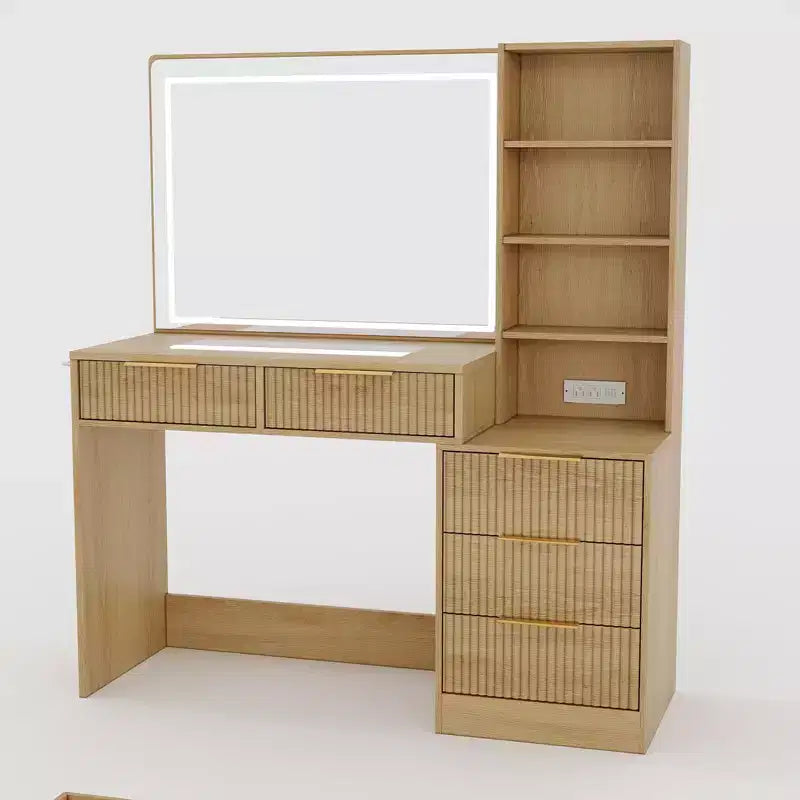 Coiffeuse avec miroir, 5 tiroirs, plateau en verre, support pour sèche-cheveux, texture ondulée, pour chambre à coucher