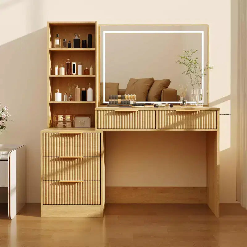 Coiffeuse avec miroir, 5 tiroirs, plateau en verre, support pour sèche-cheveux, texture ondulée, pour chambre à coucher