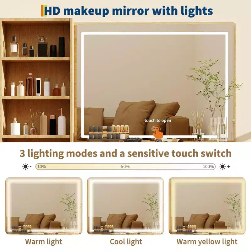 Coiffeuse avec miroir, 5 tiroirs, plateau en verre, support pour sèche-cheveux, texture ondulée, pour chambre à coucher