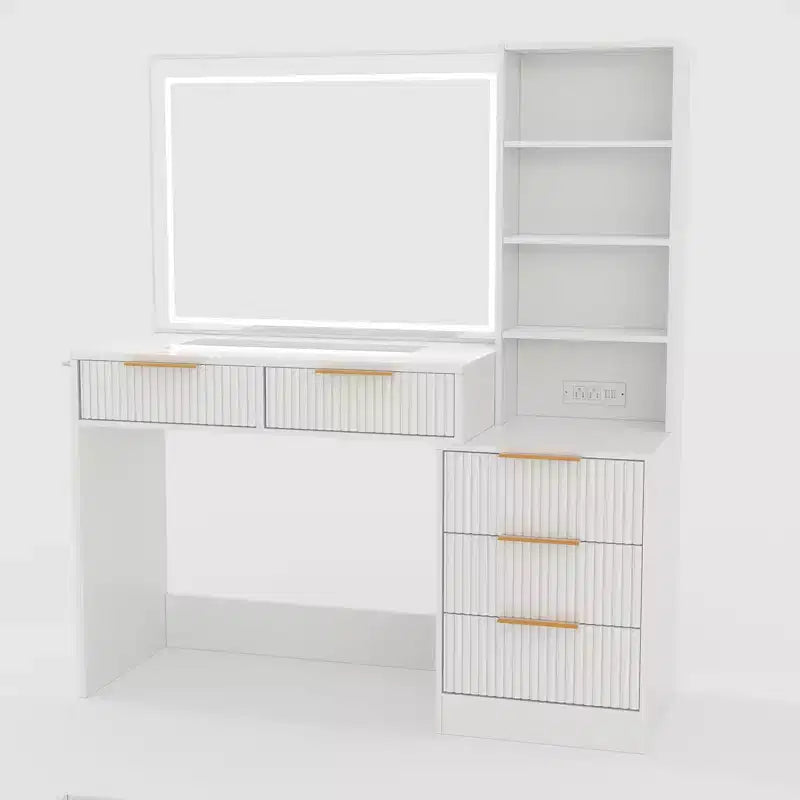 Coiffeuse avec miroir, 5 tiroirs, plateau en verre, support pour sèche-cheveux, texture ondulée, pour chambre à coucher