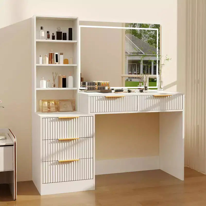 Coiffeuse avec miroir, 5 tiroirs, plateau en verre, support pour sèche-cheveux, texture ondulée, pour chambre à coucher