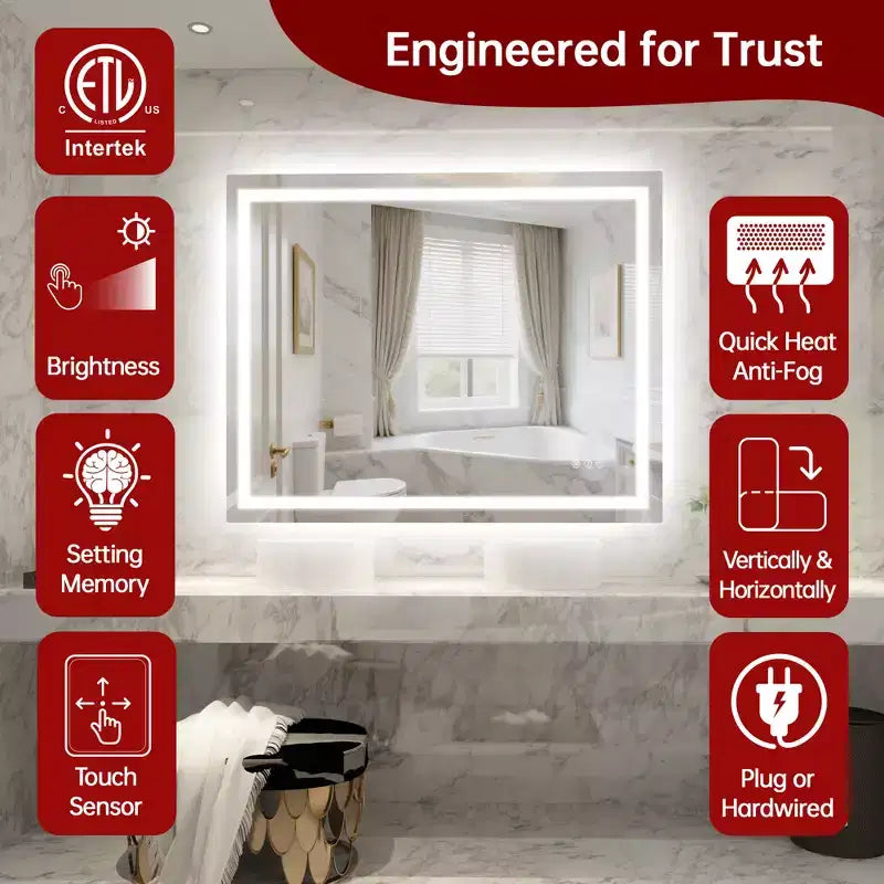 Miroir mural de salle de bain 40x32 avec 3 couleurs, miroir de courtoisie intelligent anti-buée en verre trempé homologué ETL