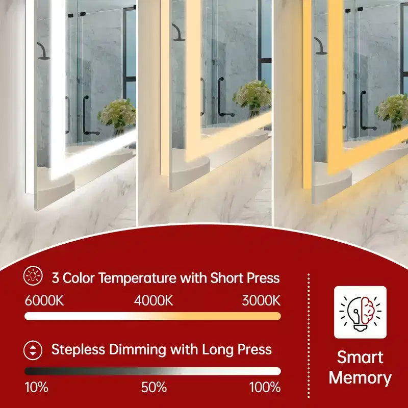 Miroir mural de salle de bain 40x32 avec 3 couleurs, miroir de courtoisie intelligent anti-buée en verre trempé homologué ETL