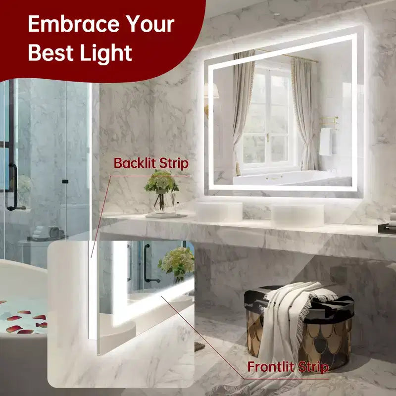 Miroir mural de salle de bain 40x32 avec 3 couleurs, miroir de courtoisie intelligent anti-buée en verre trempé homologué ETL