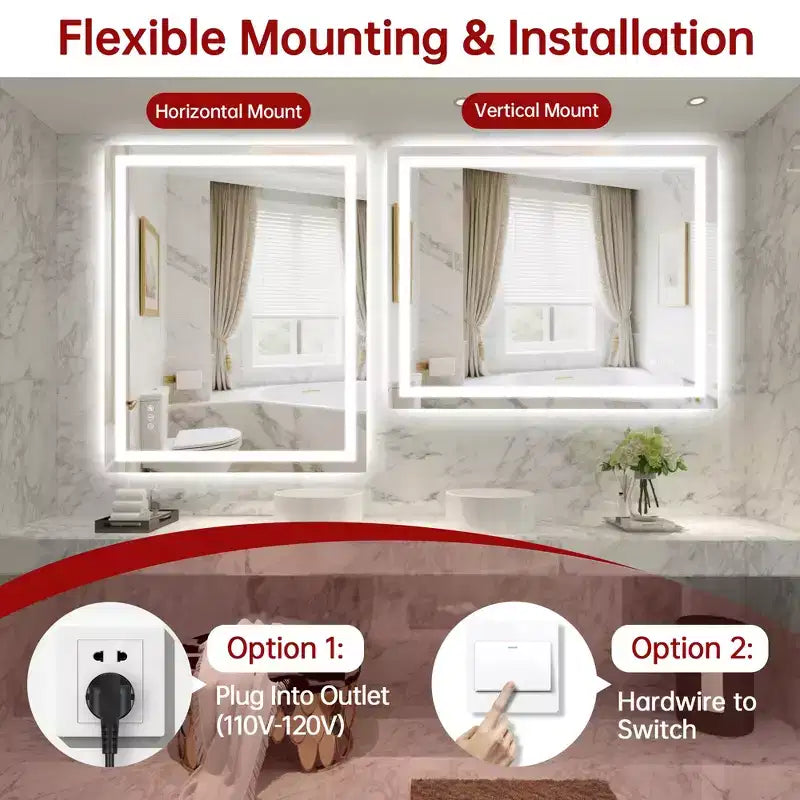 Miroir mural de salle de bain 40x32 avec 3 couleurs, miroir de courtoisie intelligent anti-buée en verre trempé homologué ETL