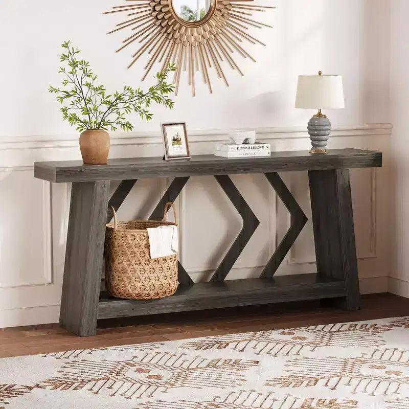 Console de 180 cm avec 2 étagères, Table d'entrée étroite, Table de canapé de style rustique pour couloir ou salon