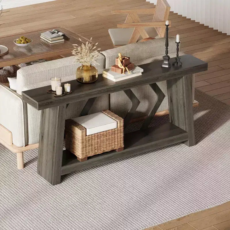 Console de 180 cm avec 2 étagères, Table d'entrée étroite, Table de canapé de style rustique pour couloir ou salon