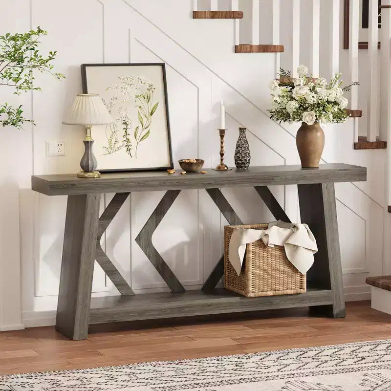 Console de 180 cm avec 2 étagères, Table d'entrée étroite, Table de canapé de style rustique pour couloir ou salon