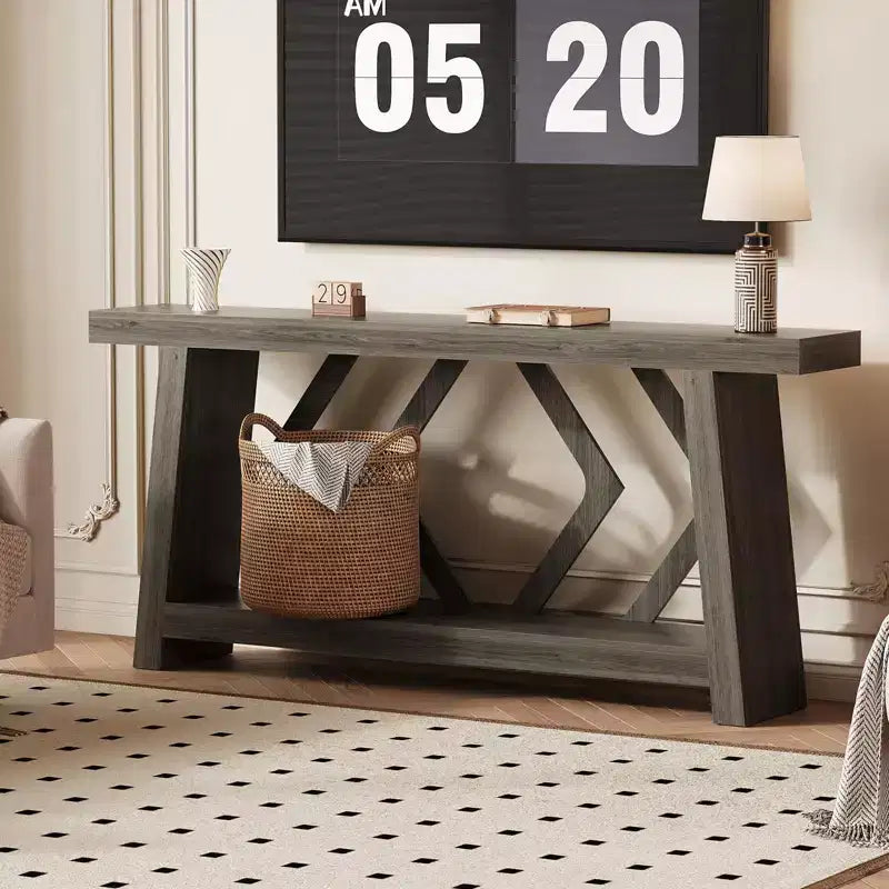 Console de 180 cm avec 2 étagères, Table d'entrée étroite, Table de canapé de style rustique pour couloir ou salon